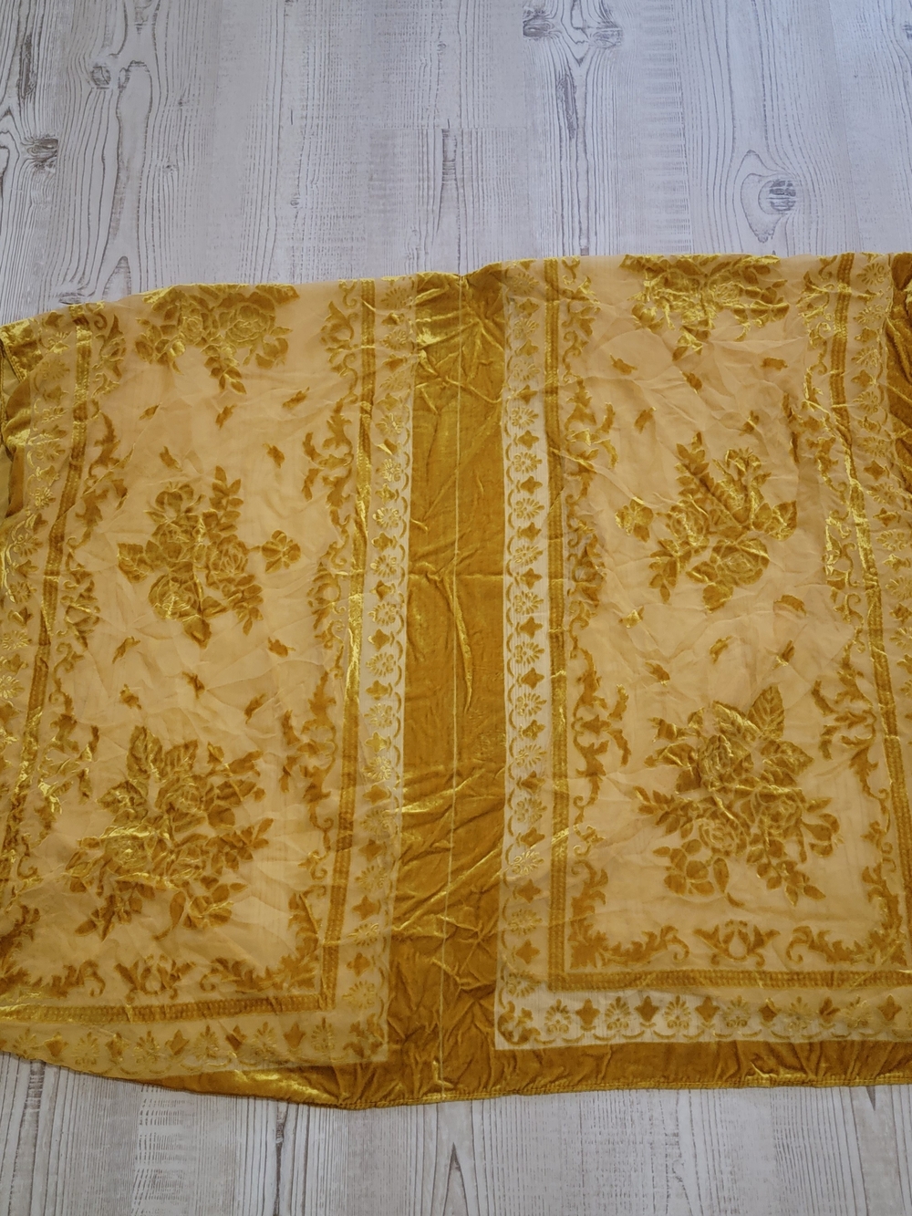 Mustard Gold Floral Velvet Burnout Sheer Duster Kimono Cape One Size Whimsical - Picture 5 of 6